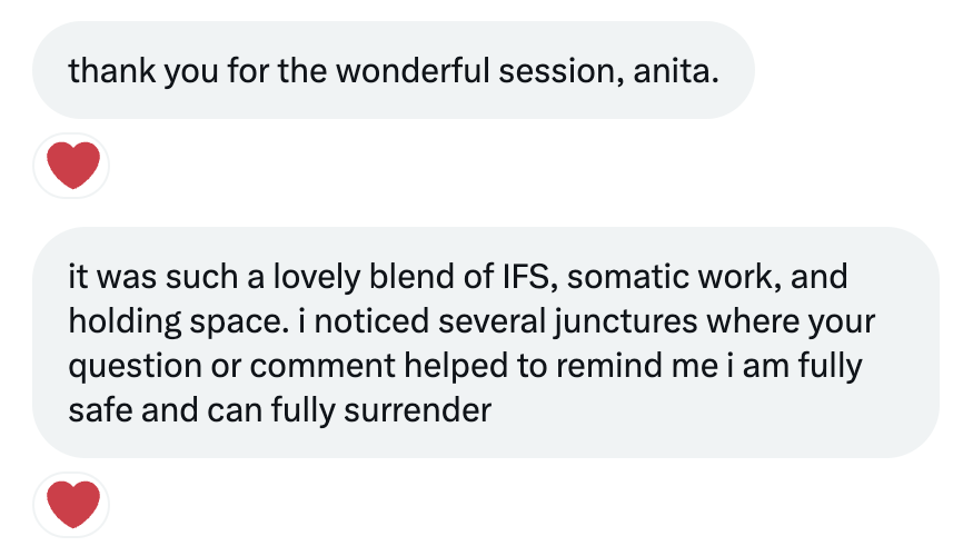 it was such a lovely blend of IFS, somatic work, and  holding space. i noticed several junctures where your question or comment helped to remind me i am fully safe and can fully surrender