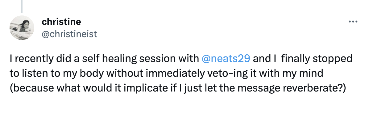 I recently did a self healing session with @neats29 and I  finally stopped to listen to my body without immediately veto-ing it with my mind (because what would it implicate if I just let the message reverberate?) 